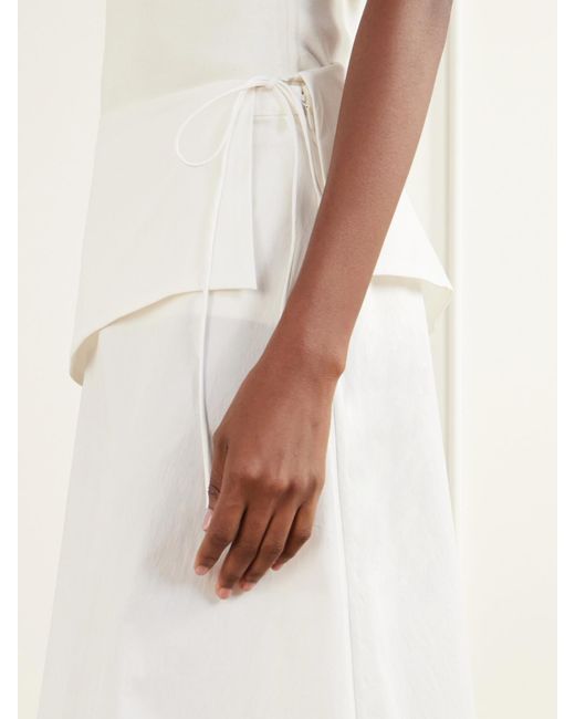 St. Agni White Belted Asymmetric Cotton-Blend Poplin Midi Skirt