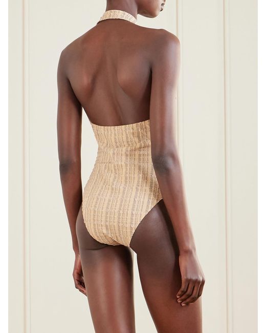 Lisa Marie Fernandez Natural Checked Seersucker Halterneck Swimsuit