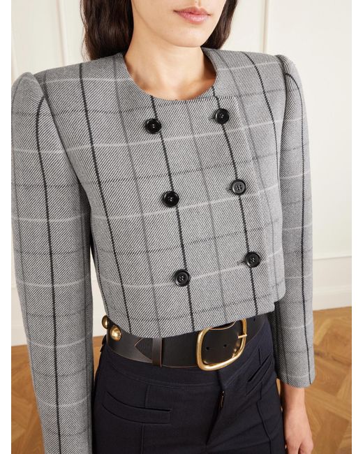 Chloé Gray Cropped Double-Breasted Checked Wool Jacket