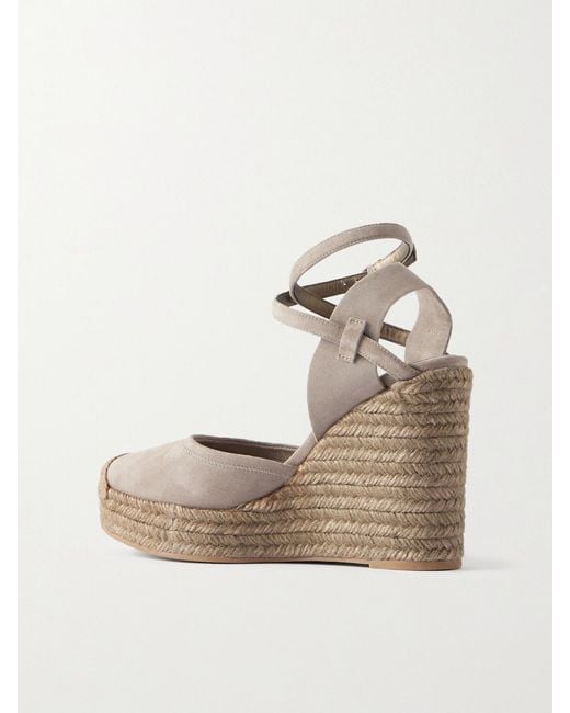 Brunello Cucinelli Natural Embellished Suede Platform Wedge Espadrille Sandals
