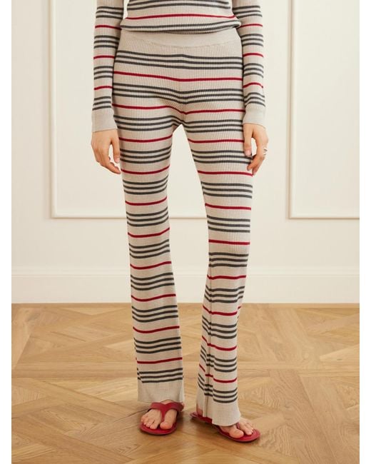 The Elder Statesman Natural Libeccio Striped Wool, Silk And Linen-Blend Flared Pants