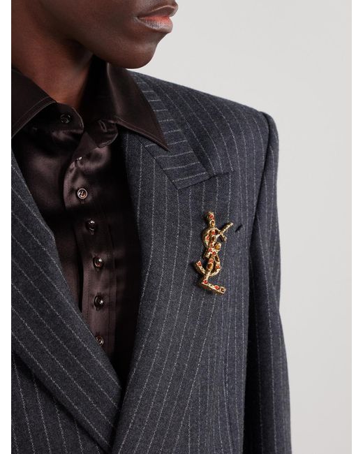 Saint Laurent Metallic Cassandre Goldfarbene Brosche Mit Tigeraugen Und Sonnensteinen