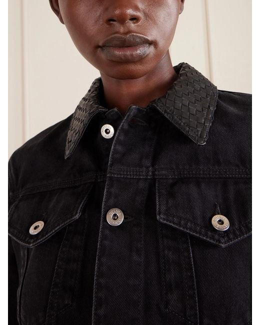 Bottega Veneta Black Intrecciato Leather-Trimmed Denim Jacket