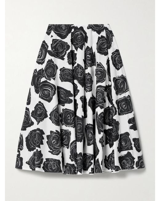Marni Black Pleated Floral-Print Cotton-Poplin Midi Skirt