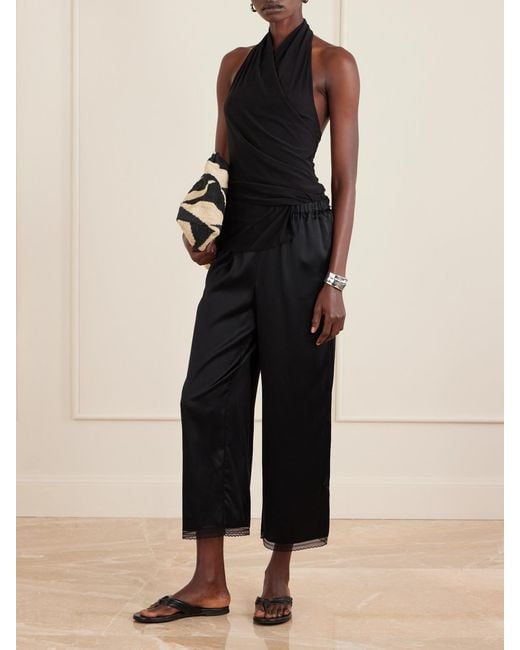 Staud Black Kirby Cropped Lace-Trimmed Silk-Blend Satin Wide-Leg Pants