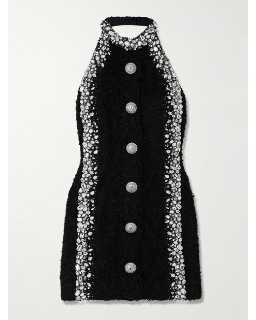 Balmain Black Crystal-Embellished Bouclé Halterneck Mini Dress
