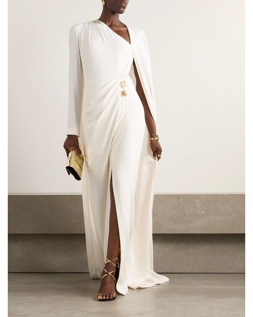 Zuhair Murad White Asymmetric Cape-Effect Embellished Cady Gown