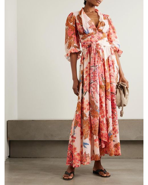 Thierry Colson Red Zorah Printed Cotton-Voile Maxi Dress