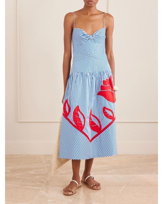 Farm Rio White Sky Striped Embroidered Cotton Poplin Midi Dress
