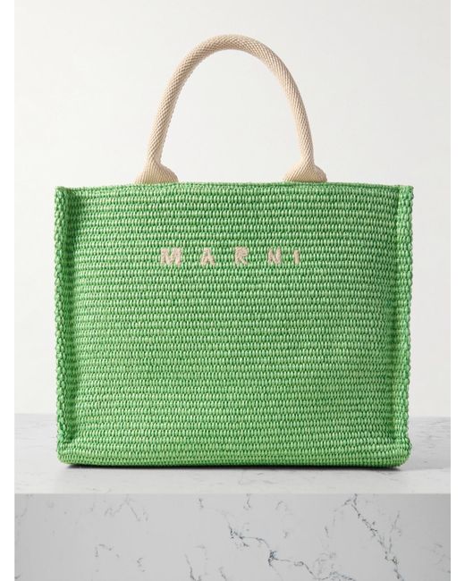 Marni Green Basket Small Canvas-Trimmed Embroidered Faux Raffia Tote