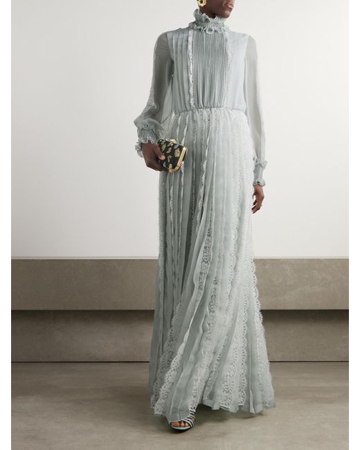 Valentino Garavani Blue Ruffled Lace-Trimmed Pleated Silk-Chiffon Gown