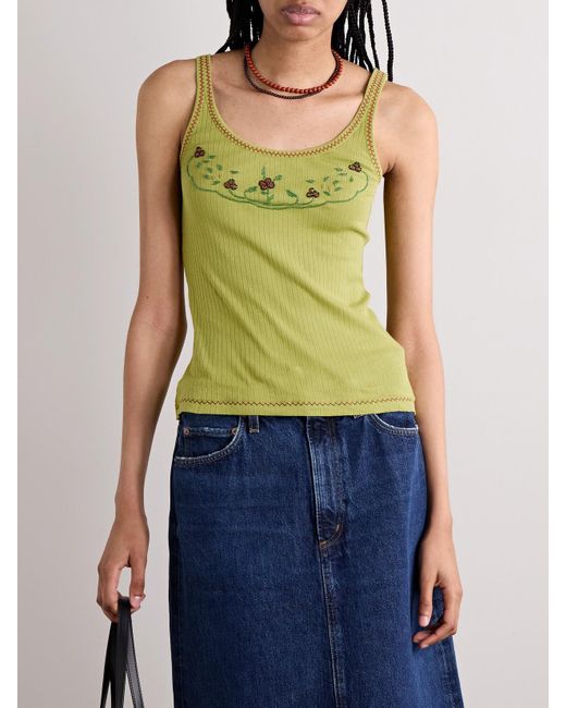 Bode Green Dahlia Tanktop Aus Geripptem Baumwoll-Jersey Mit Zierperlen