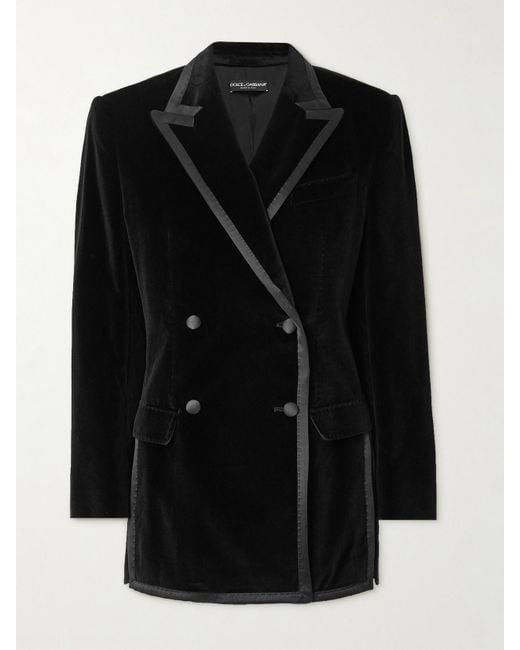 Dolce & Gabbana Black Doppelreihiger Blazer Aus Samt Aus Einer Baumwollmischung Mit Besätzen Aus Seidensatin
