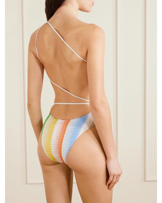 Missoni White Mare One-Shoulder Striped Metallic Crochet-Knit Swimsuit
