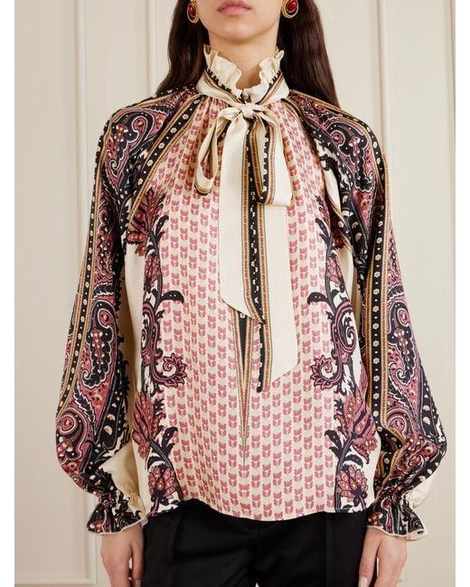 Etro Pink Pussy-Bow Ruffled Printed Silk-Twill Blouse