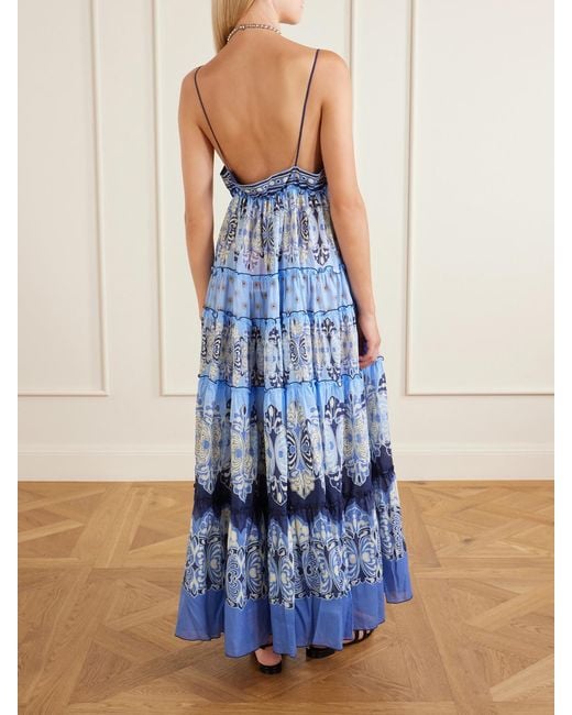 LaDoubleJ Blue Nymph Tiered Printed Cotton Maxi Dress