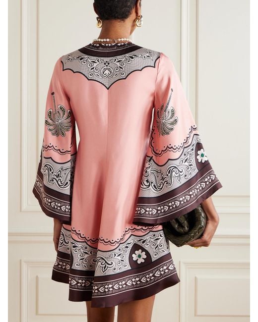 LaDoubleJ Pink Magnifico Minikleid Aus Seiden-Twill Mit Blumenprint Und Bindegürtel