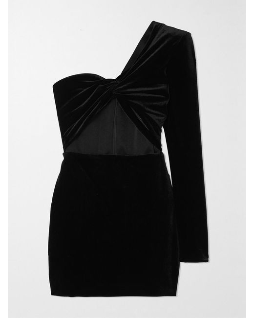 Alex Perry Black Greer One-Shoulder Knotted Cutout Velvet Mini Dress