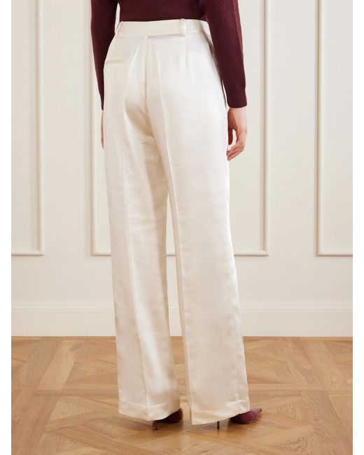 Self-Portrait White Pleated Satin Straight-Leg Pants