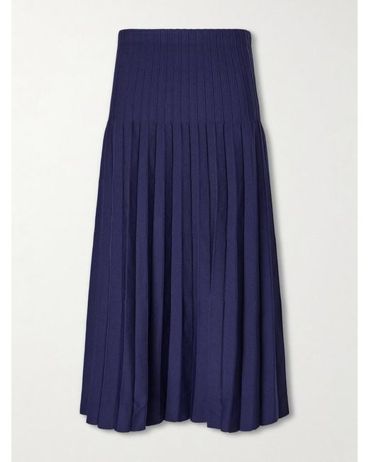 Staud Blue Lena Pleated Knitted Midi Skirt