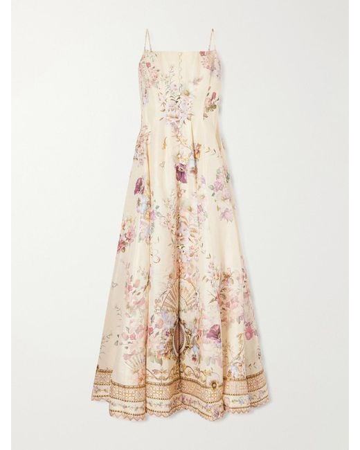 Camilla Natural Crystal-Embellished Printed Linen And Silk-Blend Midi Dress