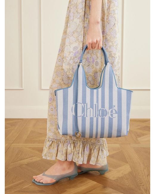 Chloé Blue Striped Leather-Trimmed Shoulder Bag