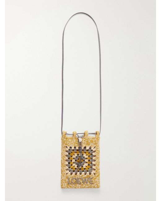Loewe Metallic Paula's Ibiza Leather-Trimmed Crocheted Raffia Bucket Bag