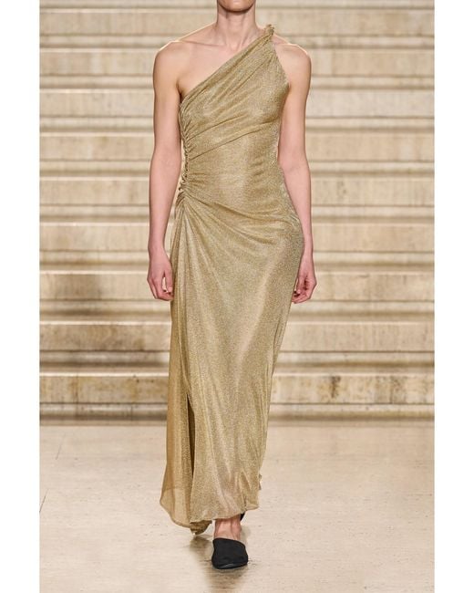 TOVE Natural Vivien One-Shoulder Ruched Metallic Knitted Maxi Dress
