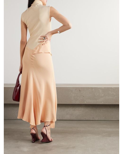 Victoria Beckham White Asymmetric Draped Gathered Ribbed-Knit And Crepe Midi Dress