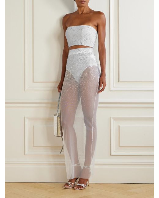 Alex Perry White Crystal-Embellished Mesh Maxi Skirt