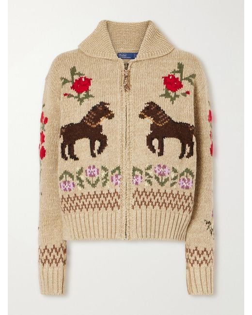 Polo Ralph Lauren Natural Embroidered Cotton And Wool-Blend Cardigan