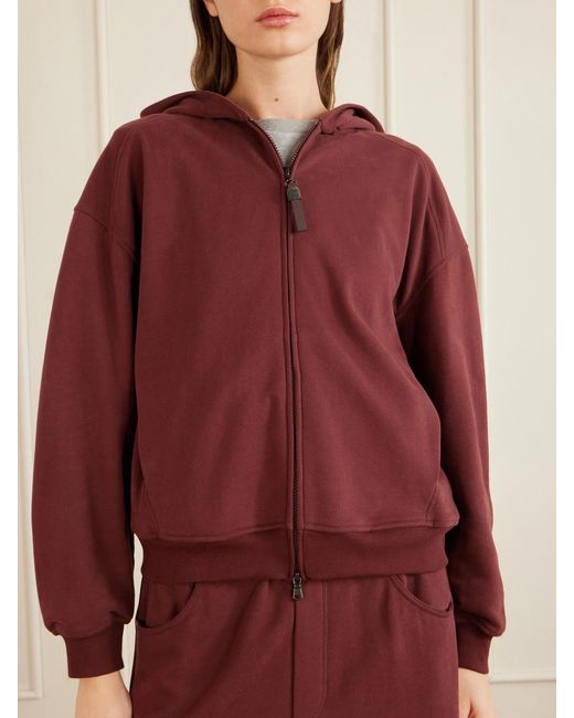 Brunello Cucinelli Red Bead-Embellished Cotton-Jersey Zip-Up Hoodie