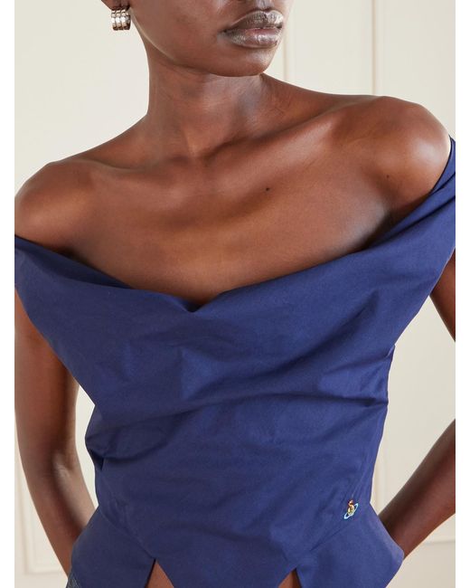 Vivienne Westwood Blue Sunday Draped Embroidered Cotton-Poplin Top