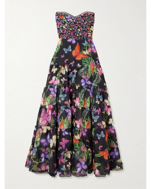 Charo Ruiz White Danny Strapless Tiered Printed Cotton-Blend Maxi Dress