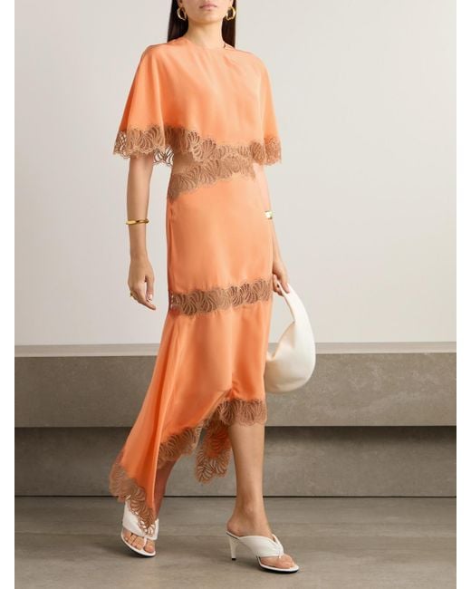 Stella McCartney Orange Asymmetric Cutout Lace-Trimmed Silk-Satin Midi Dress