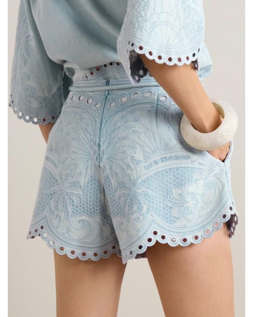 Zimmermann Blue Daylight Scalloped Broderie Anglaise Denim Shorts