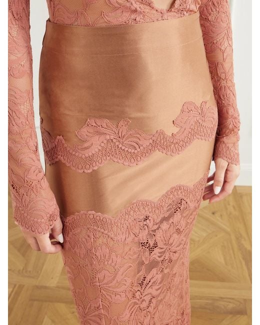 Rabanne Pink Lace-Trimmed Stretch-Satin Midi Skirt