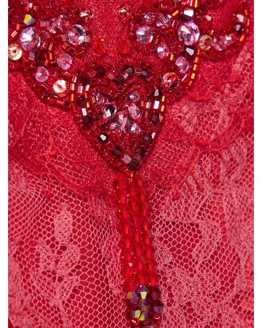 Agent Provocateur Red Graicelle Embellished Leavers Lace And Stretch-Silk Satin Thong