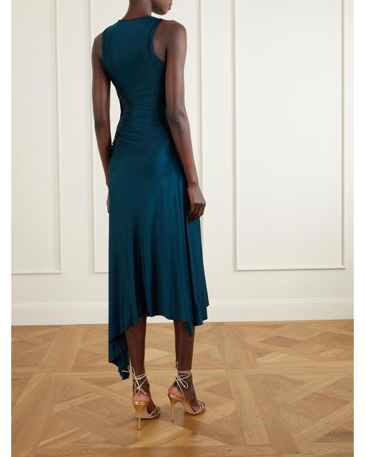 Victoria Beckham Blue Asymmetric Gathered Satin-Jersey Midi Dress