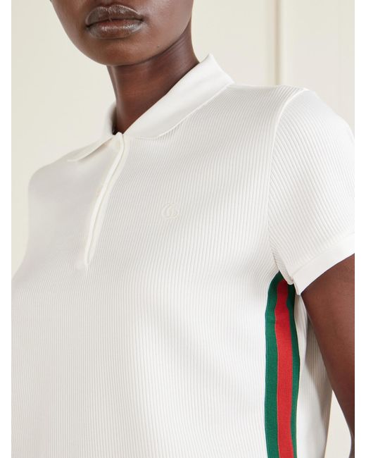 Gucci White Web-Trimmed Ribbed-Jersey Polo Shirt