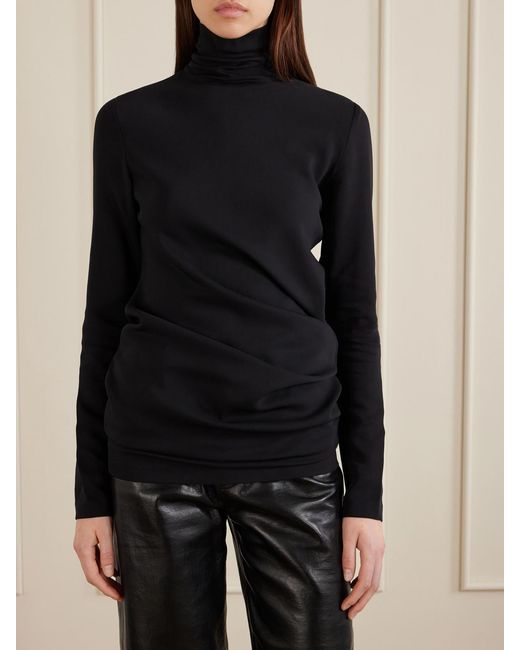 Totême Black Gathered Cady Turtleneck Blouse