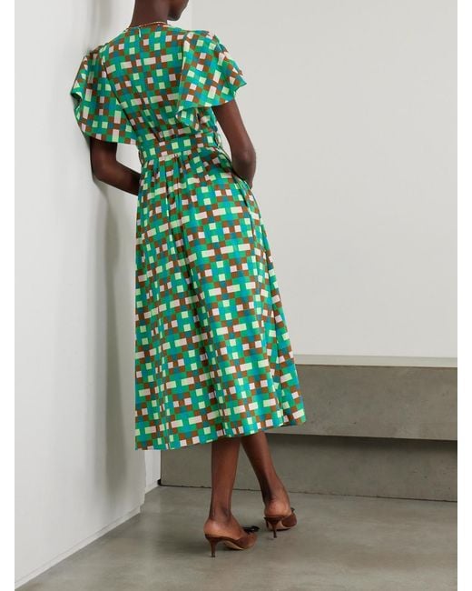 Diane von Furstenberg Green Damon Belted Ruffled Printed Cotton-Blend Midi Dress