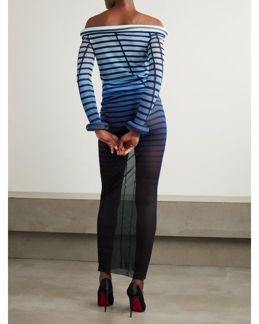 Jean Paul Gaultier Blue Off-The-Shoulder Padded Striped Stretch-Mesh Maxi Dress
