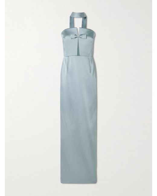 The New Arrivals Ilkyaz Ozel Blue Holly Bow-Embellished Cutout Satin Gown