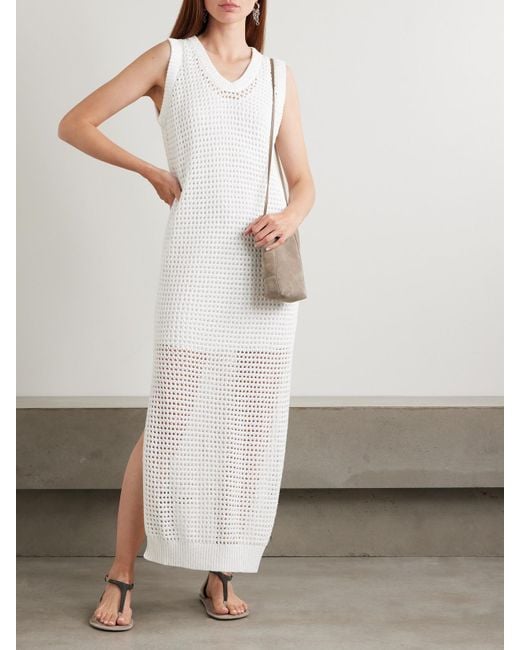 Brunello Cucinelli White Sequin-Embellished Open-Knit Cotton-Blend Midi Dress