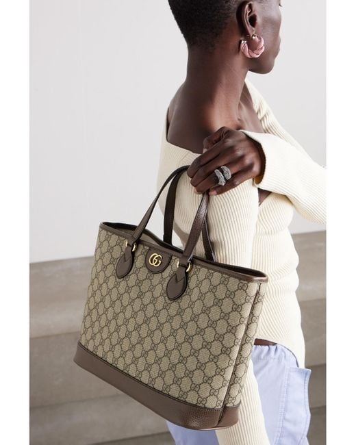 Gucci Natural Ophidia Tess Schultertasche Aus Beschichtetem Canvas Mit Printmuster, Lederbesätzen Und Verzierung
