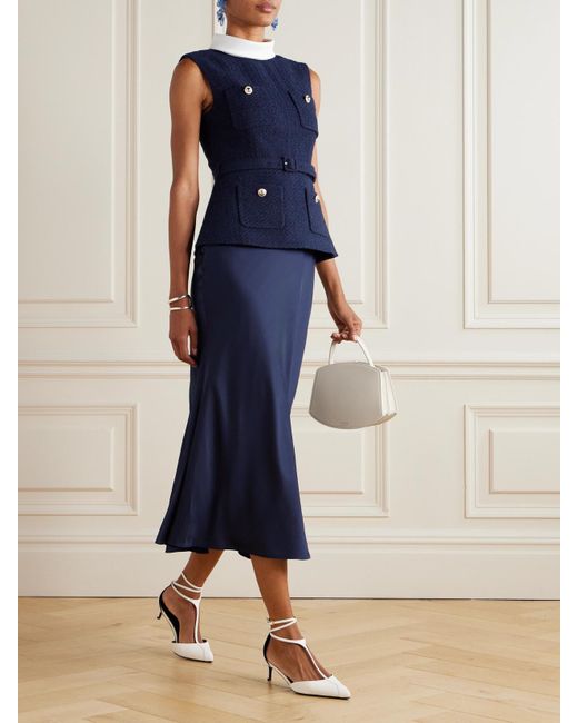 Self-Portrait Blue Belted Crepe-Trimmed Bouclé And Satin Midi Dress