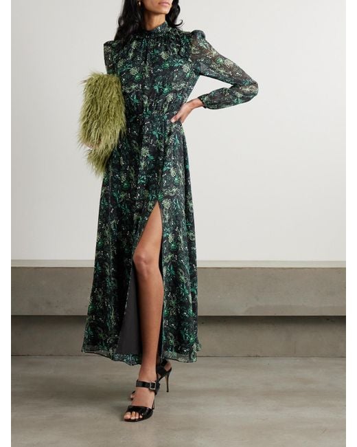 Saloni Green Jacqui B Belted Printed Silk-Georgette Midi Dress
