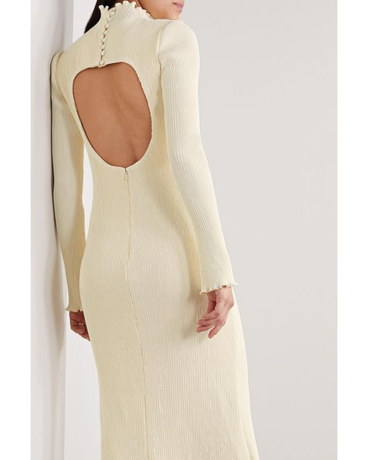 Danielle Frankel Natural Adrienne Open-Back Plissé Stretch-Satin Midi Dress