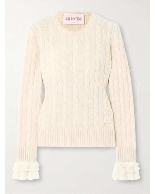 Valentino Garavani Natural Ruffle-Trimmed Embellished Cable-Knit Cashmere Sweater